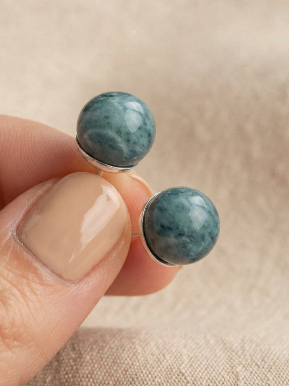 925 Sterling Silver Blue-Green Jade-Like Natural Stone Stud Earrings